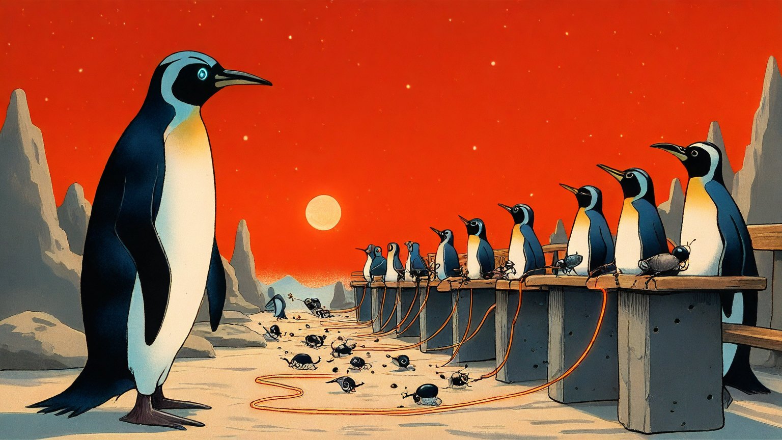 Illustrazione del corso MTCTCE: At a cosmic crossroads, a large penguin instructor stands before several student penguins seated on stone benches. They preside over a classroom of tiny ants flowing through miniat