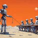 Illustrazione del corso MTCNA: On a cratered moon base, a tall, spindly robot teacher instructs several small robot students seated on metallic benches. The robots pass a single long cable hand to hand. Each des