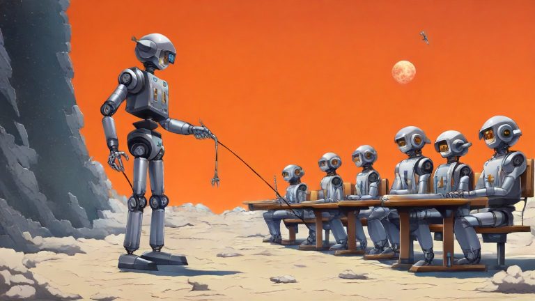 Illustrazione del corso MTCNA: On a cratered moon base, a tall, spindly robot teacher instructs several small robot students seated on metallic benches. The robots pass a single long cable hand to hand. Each des