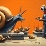 Illustrazione del corso MTCNA: In a crystalline classroom, a large, multi-eyed snail teacher instructs several small snail students at low stone benches. The snails connect colorful plastic cables between toy ro