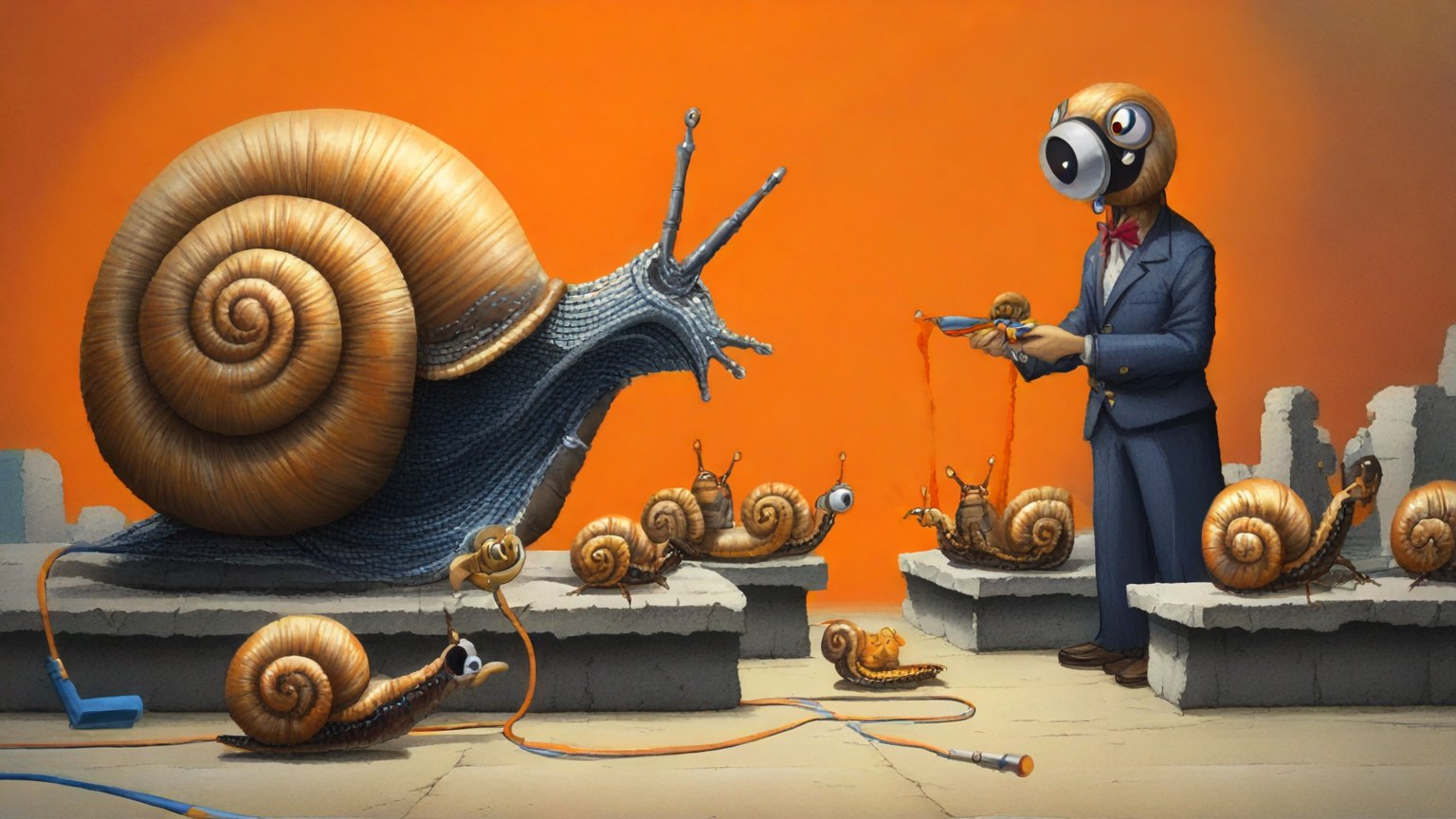Illustrazione del corso MTCNA: In a crystalline classroom, a large, multi-eyed snail teacher instructs several small snail students at low stone benches. The snails connect colorful plastic cables between toy ro
