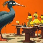 Illustrazione del corso MTCNA: Inside a cavernous mushroom classroom, a large, feathered heron teacher instructs several ducklings seated on velvet stools. Each duckling cradles a miniature plastic router like a