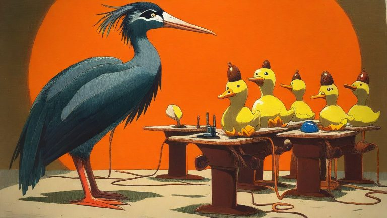 Illustrazione del corso MTCNA: Inside a cavernous mushroom classroom, a large, feathered heron teacher instructs several ducklings seated on velvet stools. Each duckling cradles a miniature plastic router like a
