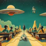 Illustrazione del corso MTCRE: Inside a saucer classroom, a metallic teacher instructs robot students at floating benches. Tiny cars race along luminous paths between hovering islands. Small routers with tangled