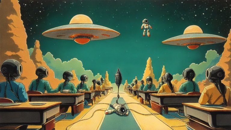 Illustrazione del corso MTCRE: Inside a saucer classroom, a metallic teacher instructs robot students at floating benches. Tiny cars race along luminous paths between hovering islands. Small routers with tangled