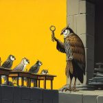 Illustrazione del corso MTCSE: On a high stone battlement, an elderly owl teacher instructs young owlets seated at wooden desks. The students watch crows peering through narrow castle windows. Small metallic box