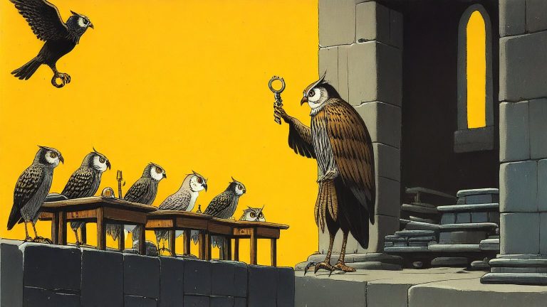 Illustrazione del corso MTCSE: On a high stone battlement, an elderly owl teacher instructs young owlets seated at wooden desks. The students watch crows peering through narrow castle windows. Small metallic box