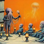 Illustrazione del corso MTCNA: Inside a spiral lighthouse, a large, translucent jellyfish teacher instructs several baby octopuses seated on stone benches. The octopuses connect glowing lanterns using thick rubb