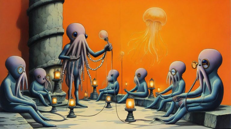 Illustrazione del corso MTCNA: Inside a spiral lighthouse, a large, translucent jellyfish teacher instructs several baby octopuses seated on stone benches. The octopuses connect glowing lanterns using thick rubb