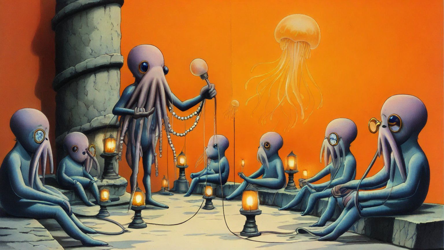 Illustrazione del corso MTCNA: Inside a spiral lighthouse, a large, translucent jellyfish teacher instructs several baby octopuses seated on stone benches. The octopuses connect glowing lanterns using thick rubb