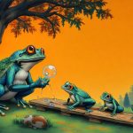 Illustrazione del corso MTCNA: Under a massive, gnarled oak tree, a large toad teacher instructs several small frog students seated on mossy logs. Each frog manipulates tiny toy routers on wooden planks, connect