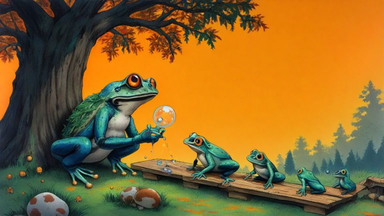 Illustrazione del corso MTCNA: Under a massive, gnarled oak tree, a large toad teacher instructs several small frog students seated on mossy logs. Each frog manipulates tiny toy routers on wooden planks, connect