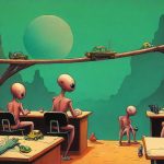 Illustrazione del corso MTCRE: Three-eyed aliens sit at stone benches in a classroom overlooking a deep canyon. A teacher alien directs students as they maneuver miniature cars across a complex network of floati