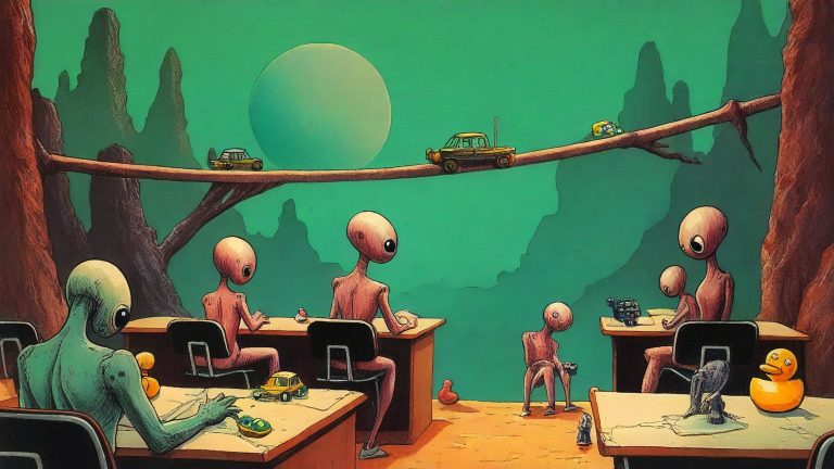 Illustrazione del corso MTCRE: Three-eyed aliens sit at stone benches in a classroom overlooking a deep canyon. A teacher alien directs students as they maneuver miniature cars across a complex network of floati