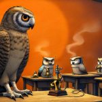 Illustrazione del corso MTCNA: Inside a brass-walled steam classroom, a giant scholarly owl instructs several owlets sitting at wooden desks. Each small desk holds a miniature steaming brass router connected by
