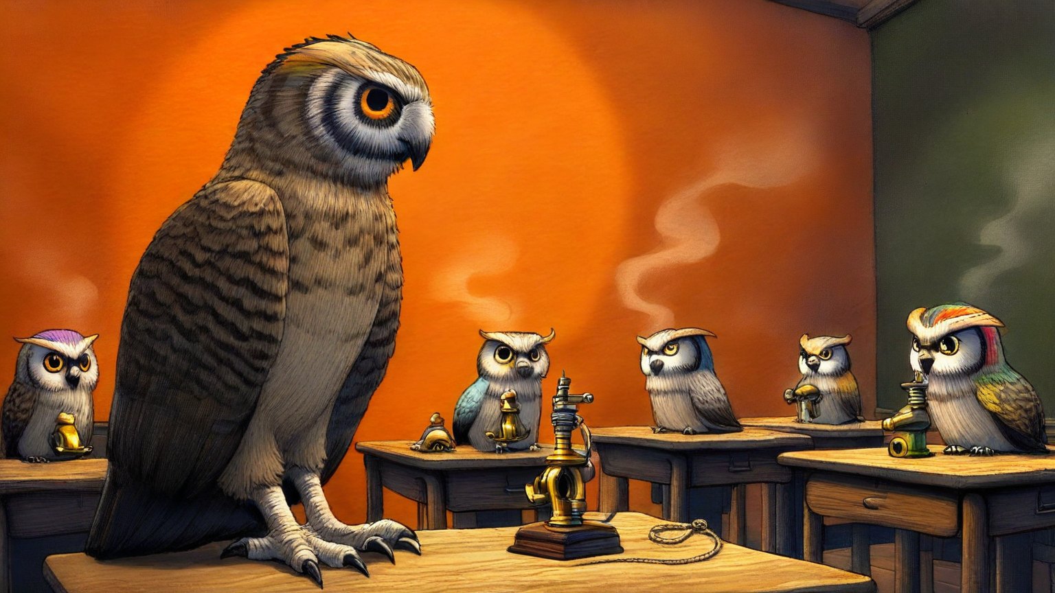 Illustrazione del corso MTCNA: Inside a brass-walled steam classroom, a giant scholarly owl instructs several owlets sitting at wooden desks. Each small desk holds a miniature steaming brass router connected by