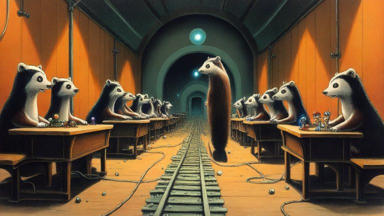 Illustrazione del corso MTCSWE: In a sprawling switchyard of iron rails, an elder badger instructor guides young badger students seated at wooden benches. They observe miniature toy trains diverging into various