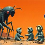 Illustrazione del corso MTCNA: In a desert canyon, a giant moth teacher instructs several kittens in space suits. The kittens sit on jagged rocks, connecting tiny plastic routers with long, colorful cables. One