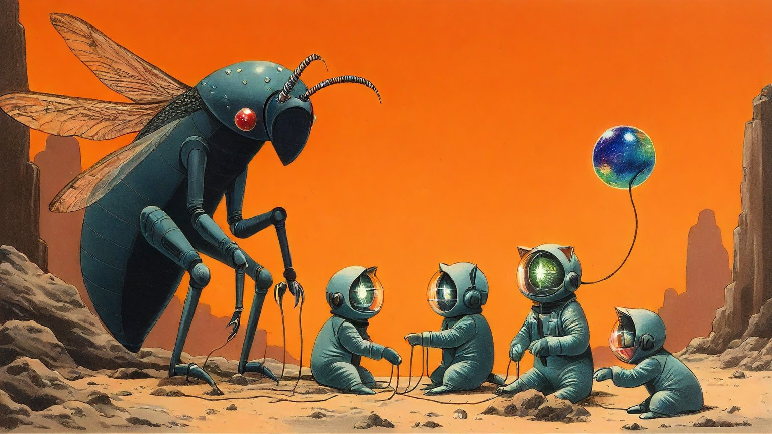 Illustrazione del corso MTCNA: In a desert canyon, a giant moth teacher instructs several kittens in space suits. The kittens sit on jagged rocks, connecting tiny plastic routers with long, colorful cables. One