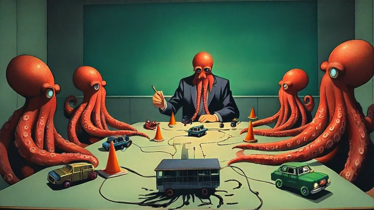 Illustrazione del corso MTCRE: An octopus teacher and several student octopuses gather around a large table in a classroom. They manipulate tiny toy cars across a miniature city of junctions and roads. Small rou