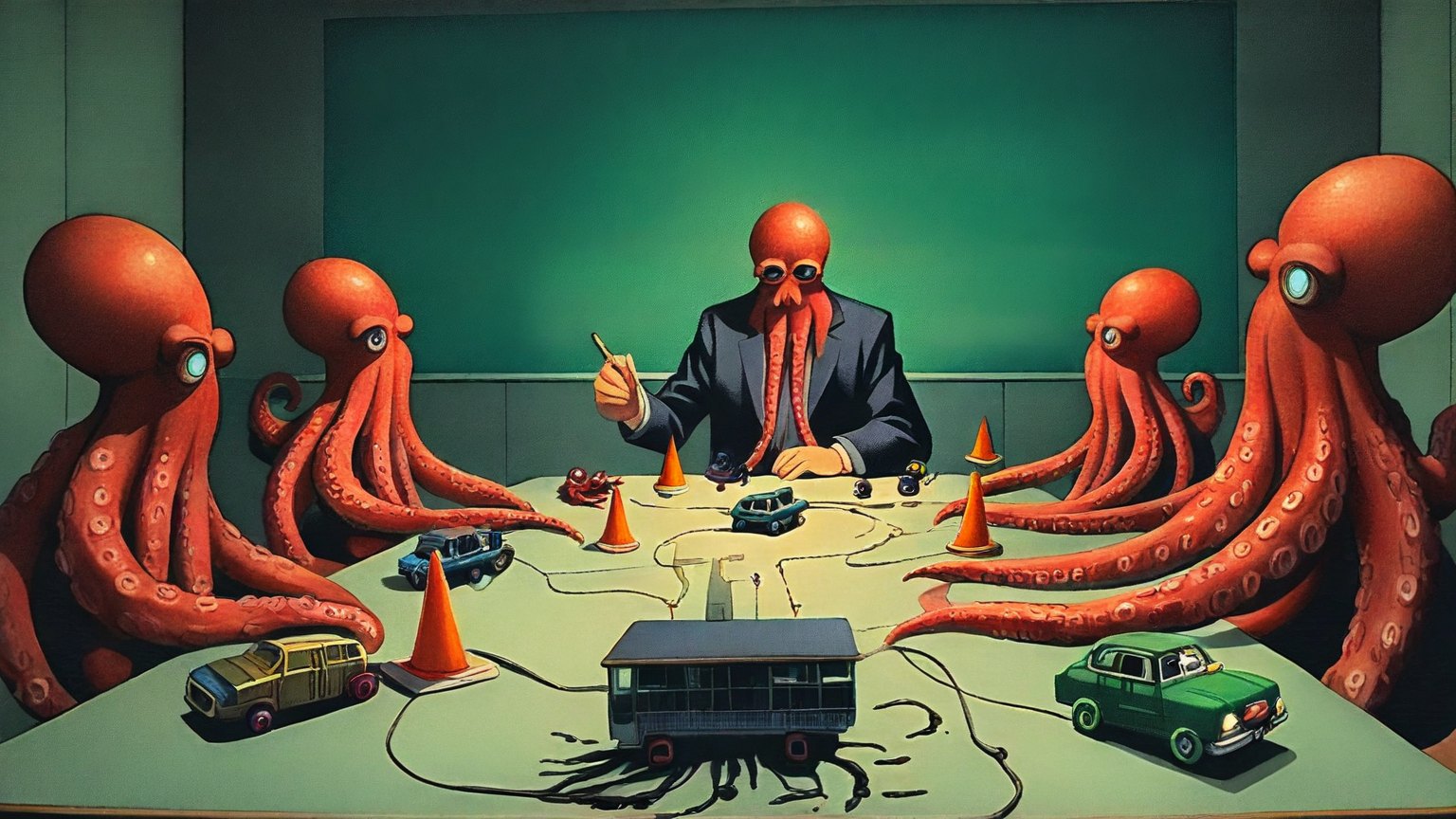 Illustrazione del corso MTCRE: An octopus teacher and several student octopuses gather around a large table in a classroom. They manipulate tiny toy cars across a miniature city of junctions and roads. Small rou