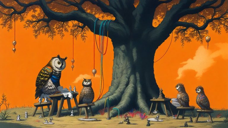 Illustrazione del corso MTCNA: Under a massive, spreading oak tree, a large owl teacher instructs young owl students at low wooden benches. The owlets connect colorful cables between tiny toy routers hanging fro
