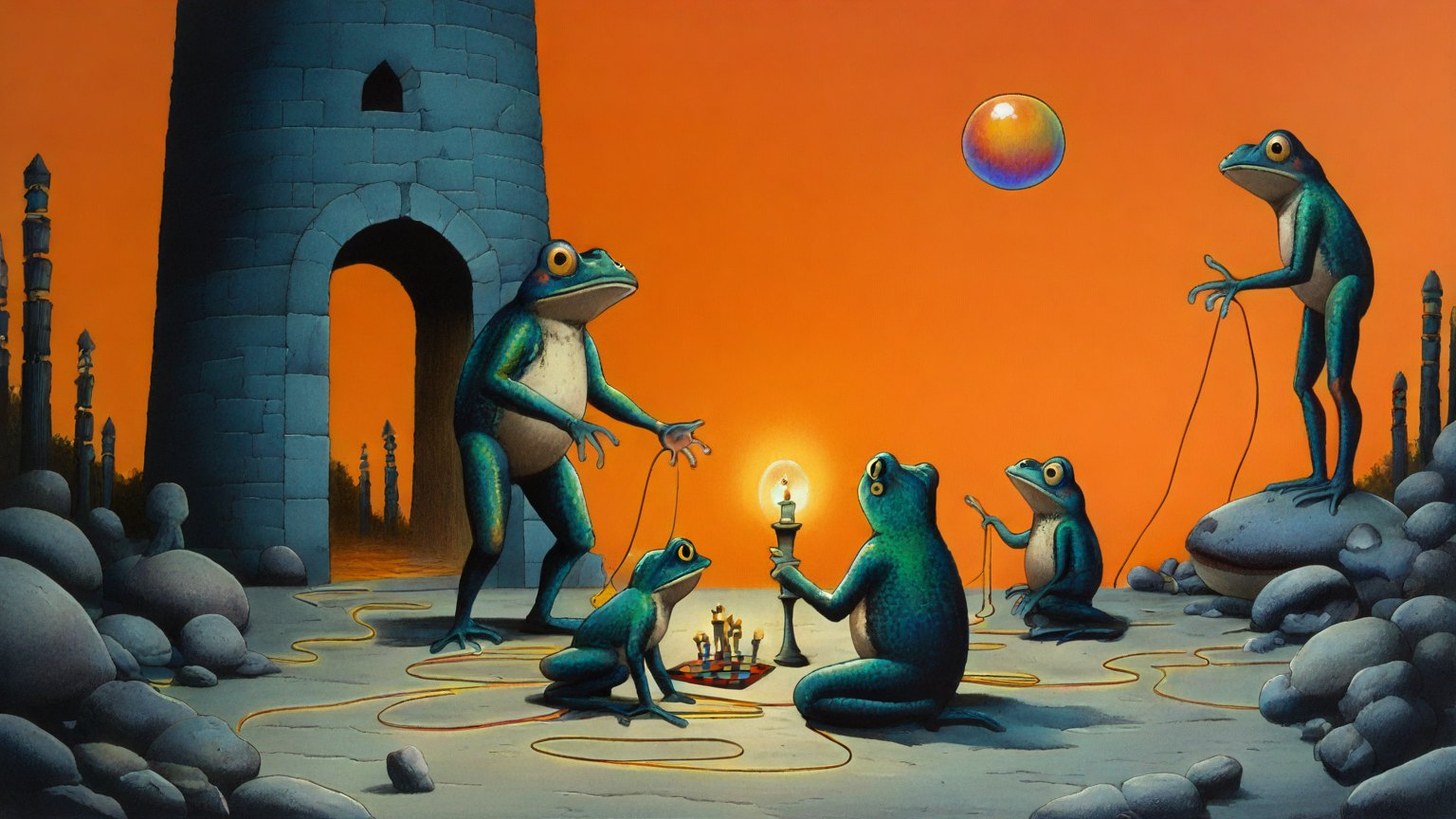 Illustrazione del corso MTCNA: Inside a stone lighthouse, a large toad teacher instructs frog students at small benches. The frogs tie colorful cables between glowing lanterns and tiny toy routers. In the corner