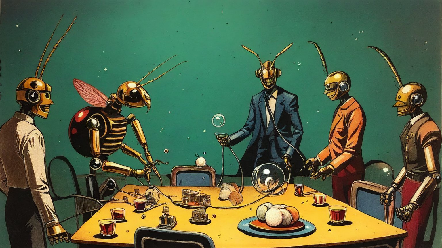 Illustrazione del corso MTCRE: In a classroom of glass spheres, a towering insect teacher and robot students gather around a central table. They navigate tiny cars through a sprawling miniature city of road junc