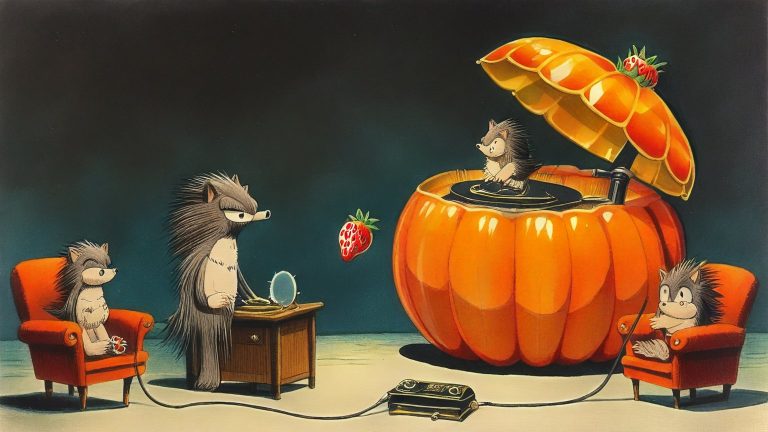 Illustrazione del corso Webinar: Inside a hollowed-out pumpkin, a large hedgehog teacher stands beside a massive, brass-coned gramophone. Student hedgehogs sit in velvet armchairs at small desks, each holding a ti
