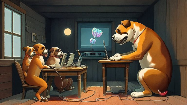 Illustrazione del corso Webinar: Inside a cozy log cabin, a large bulldog teacher instructs student dogs in fuzzy slippers. They sit at small wooden desks, each holding a tiny router with tangled cables, gathered