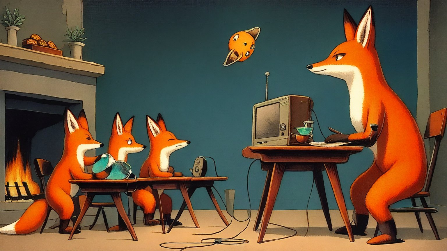 Illustrazione del corso Webinar: In a cozy living room by a fireplace, a large fox teacher instructs student foxes wearing fluffy slippers. They sit at small wooden desks, each holding a tiny router with tangled c