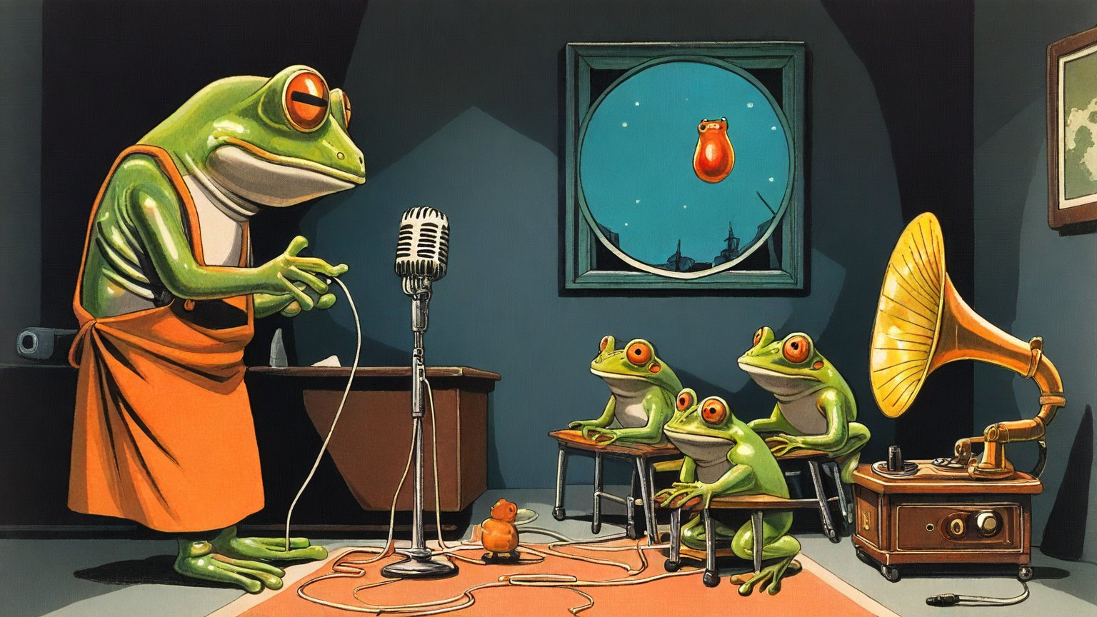 Illustrazione del corso Webinar: In a cramped radio studio, a large frog teacher speaks into a vintage microphone. Student frogs sit at small desks, each holding a tiny router with tangled cables, clustered around
