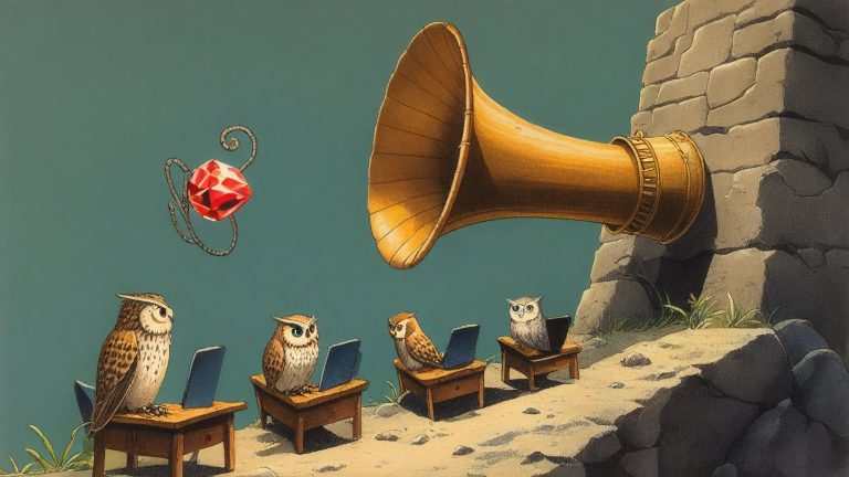 Illustrazione del corso Webinar: On a steep, rocky hillside, a large owl teacher stands before a massive brass gramophone horn protruding from a stone tower. Student owls sit on wooden benches at small desks, each