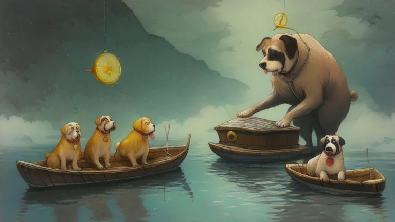 Illustrazione del corso Webinar: On a misty lake, a large bulldog teacher leads student dogs in fluffy slippers, all seated in wooden rowing boats. They cluster around a massive, floating gramophone. Each boat hol