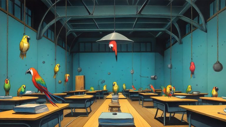 Illustrazione del corso MTCWE: In a high-ceilinged classroom, a large parrot teacher hovers above student parrots hanging upside down from rafters. Each student wears a tiny antenna on its head. Small routers wi