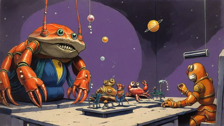 Illustrazione del corso MTCINE: Inside a massive sorting office, a giant crab teacher instructs small crab students seated at stone benches. Glass pneumatic tubes arc toward distant planets through the ceiling. O