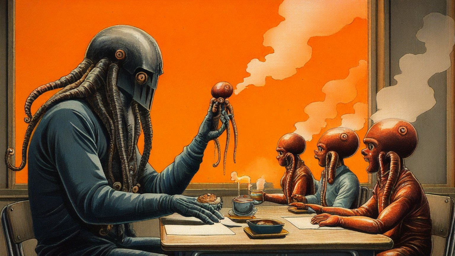 Illustrazione del corso MTCNA: In a steam-filled brass classroom, a large, ancient crustacean teacher instructs baby octopus students at heavy metal desks. The students connect thick, copper-plated cables betwee