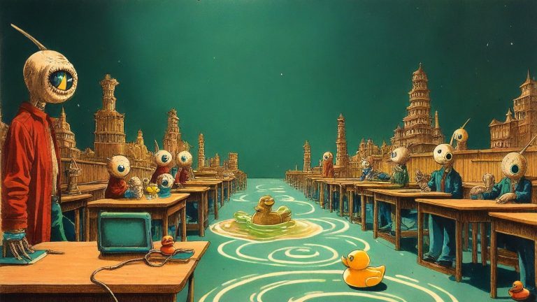 Illustrazione del corso MTCRE: In a classroom of tiered wooden benches, a three-eyed alien teacher monitors student aliens as they stack wooden blocks into complex road junctions. Tiny cars race around a miniatu