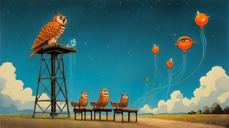 Illustrazione del corso MTCWE: Atop a towering metallic antenna mast under a starry sky, a large owl teacher instructs several owl students perched on wooden benches. Small routers with trailing cables sit on ea
