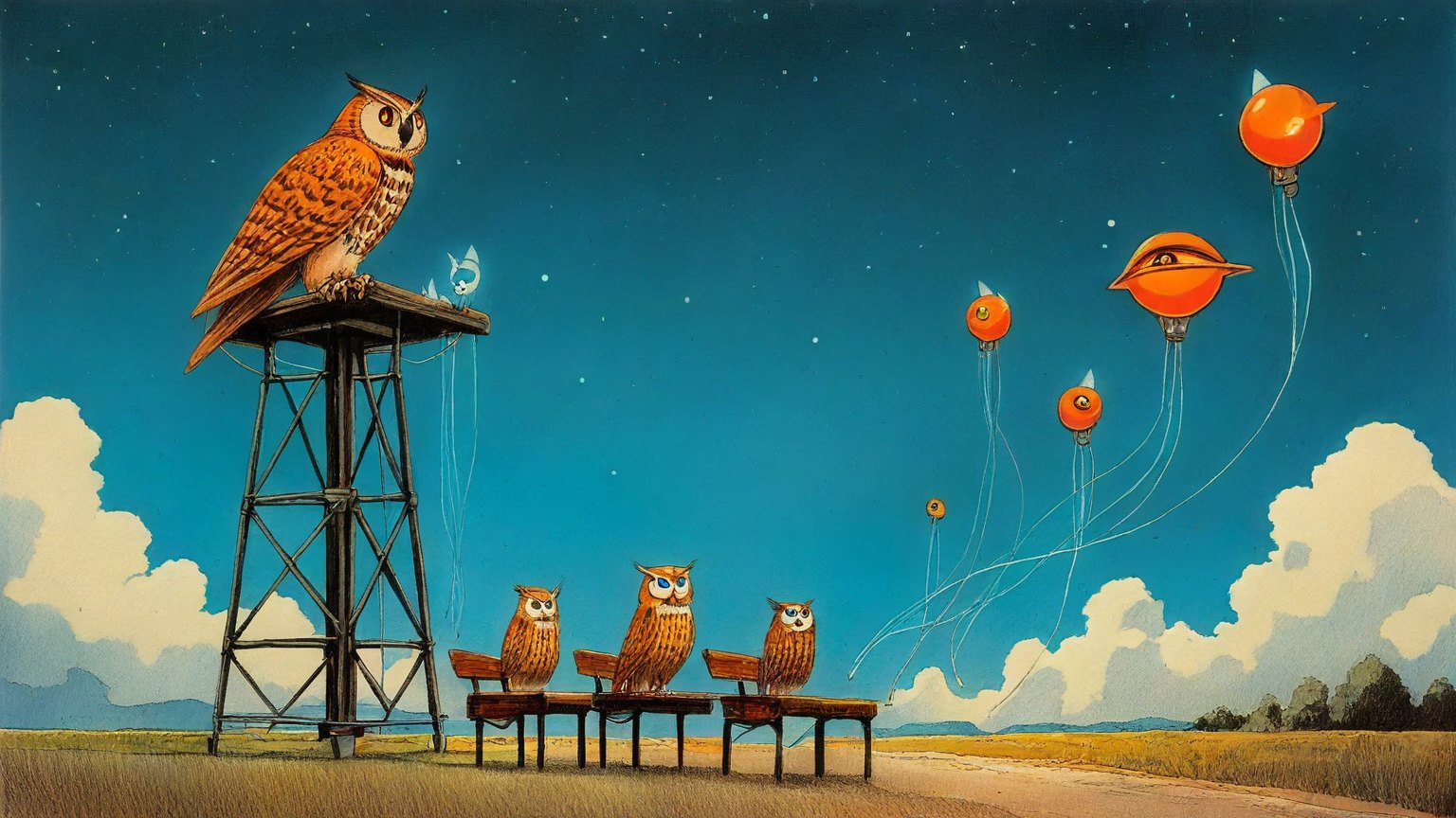 Illustrazione del corso MTCWE: Atop a towering metallic antenna mast under a starry sky, a large owl teacher instructs several owl students perched on wooden benches. Small routers with trailing cables sit on ea