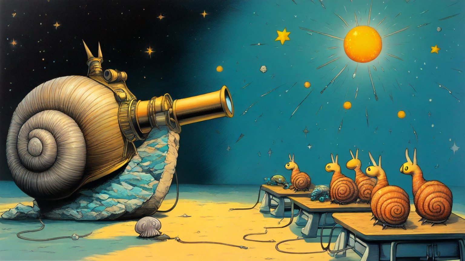 Illustrazione del corso MTCIPv6E: Inside a cosmic observatory, a large snail teacher instructs young snail students seated on stone benches. They peer through a massive brass telescope at an endless starfield of he
