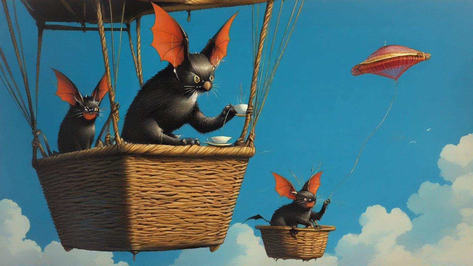 Illustrazione del corso MTCWE: Inside a wicker hot-air balloon basket, a large bat teacher instructs several student bats seated at wooden benches. Each desk holds a small router with trailing cables. The bats p