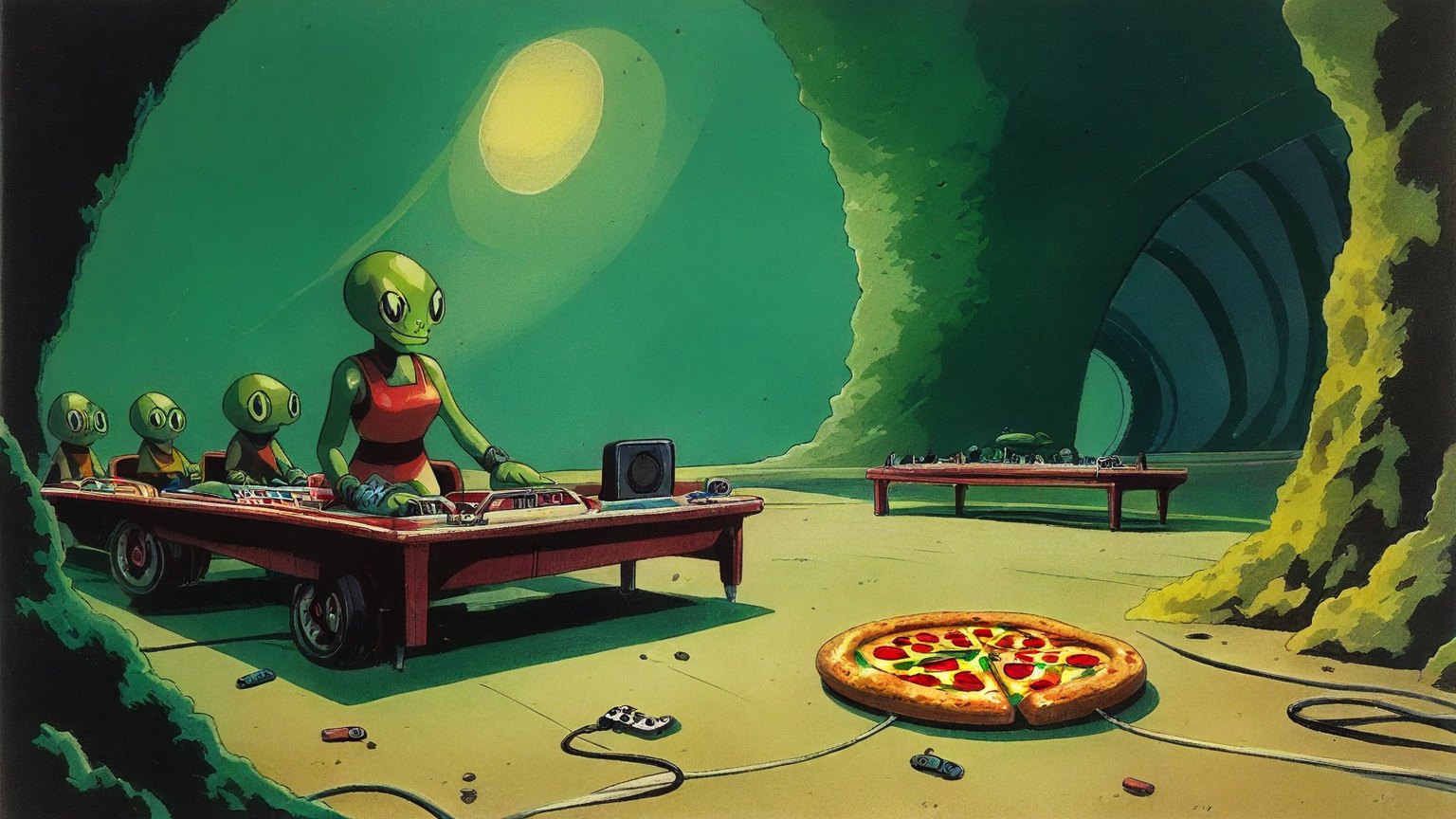 Illustrazione del corso MTCRE: Inside a vast, hollowed-out crater, a large green alien teacher and student aliens sit at long benches. They grip handheld controllers, guiding tiny cars through a multi-lane slot-