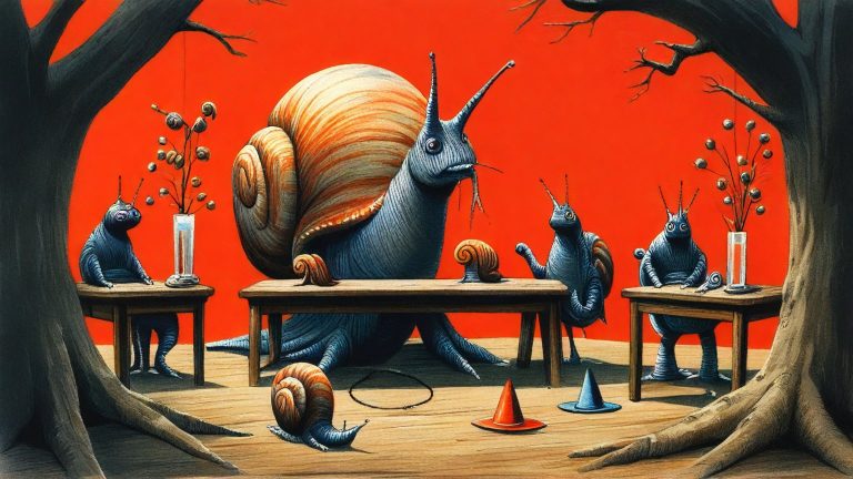 Illustrazione del corso MTCTCE: In a hollowed-out tree, a large snail instructor oversees student snails at wooden desks. They sort multicolored marbles into glass tubes of varying widths. Each desk holds a small