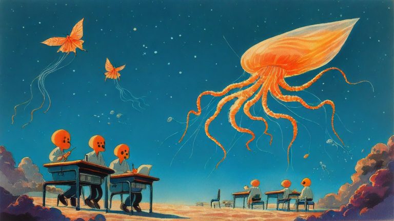 Illustrazione del corso MTCWE: In a translucent floating classroom, a large jellyfish teacher drifts above student moths perched on hovering benches. Each moth desk holds a small router with trailing cables. Glo