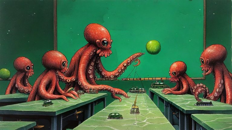 Illustrazione del corso MTCRE: In a classroom of floating stone slabs, an octopus teacher and octopus students gather around a miniature train layout. The teacher points at tiny track switches while students pus