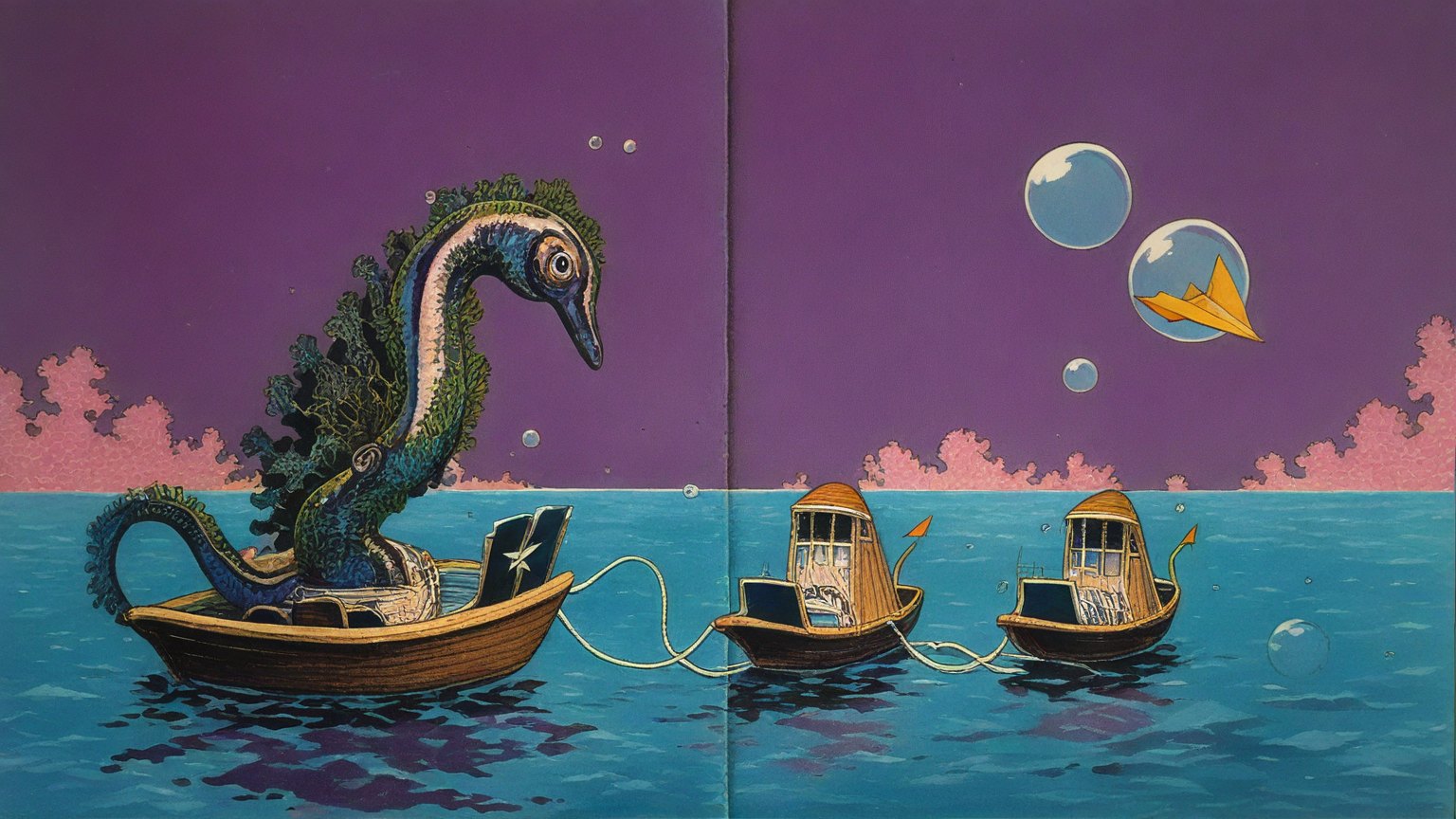 Illustrazione del corso MTCINE: In a vast ocean classroom, a giant seahorse teacher instructs small seahorse students seated in tiny wooden boats. The students pass sealed envelopes along a chain of vessels. On e