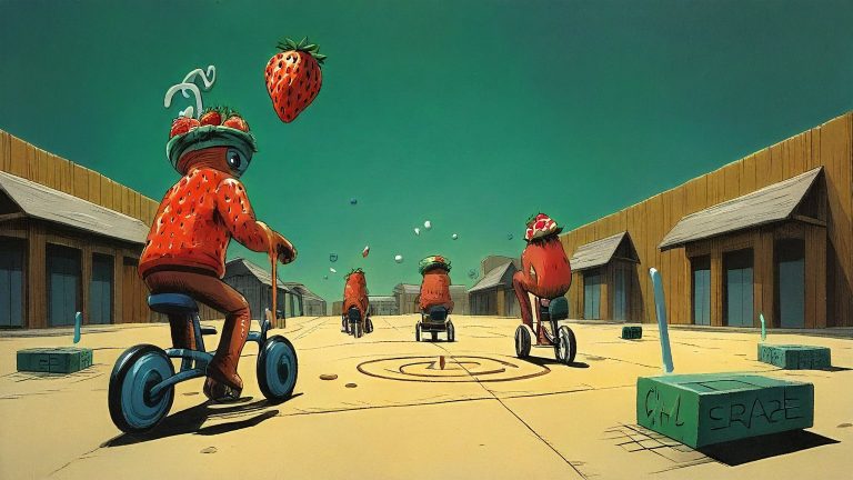 Illustrazione del corso MTCRE: In a schoolyard, an antennaed teacher and student aliens ride tricycles through a chalk-drawn road maze. They navigate various junctions and intersections. Small routers with tangl