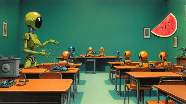 Illustrazione del corso MTCRE: In a classroom of low metal benches, a large green alien teacher and robot students crouch on the floor. They navigate tiny cars through a sprawling network of miniature asphalt ju