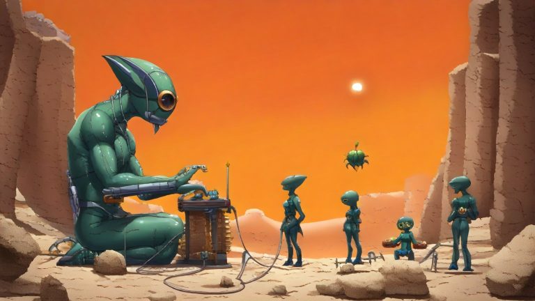 Illustrazione del corso MTCNA: In a vast desert canyon, a large green alien teacher instructs tiny alien students on sun-baked rocks. The students connect miniature toy routers using long, winding cables stretch